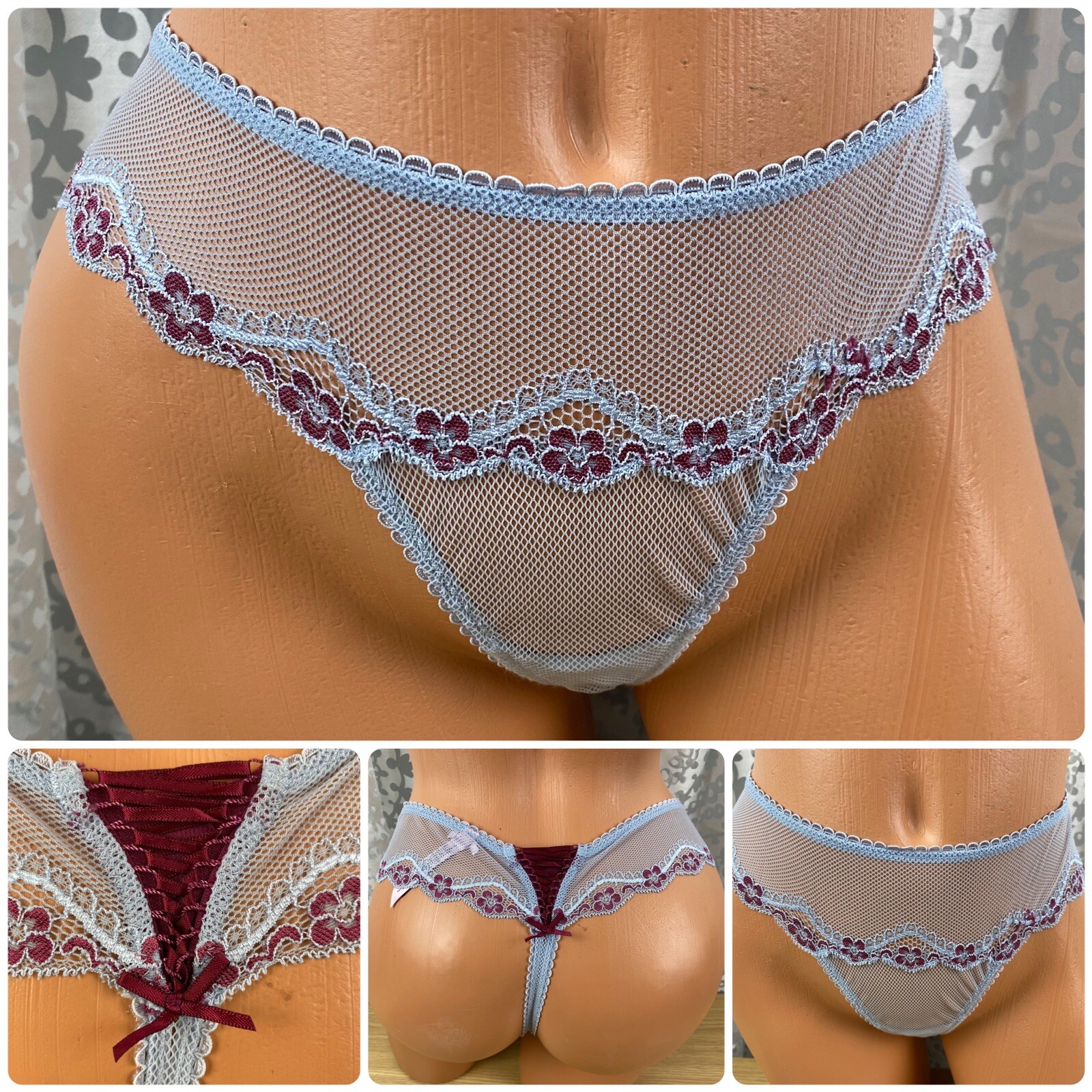 VICTORIA’S SECRET Sexy Little Things Blue Tie Laced Up Back Thong Vtg Small Blue