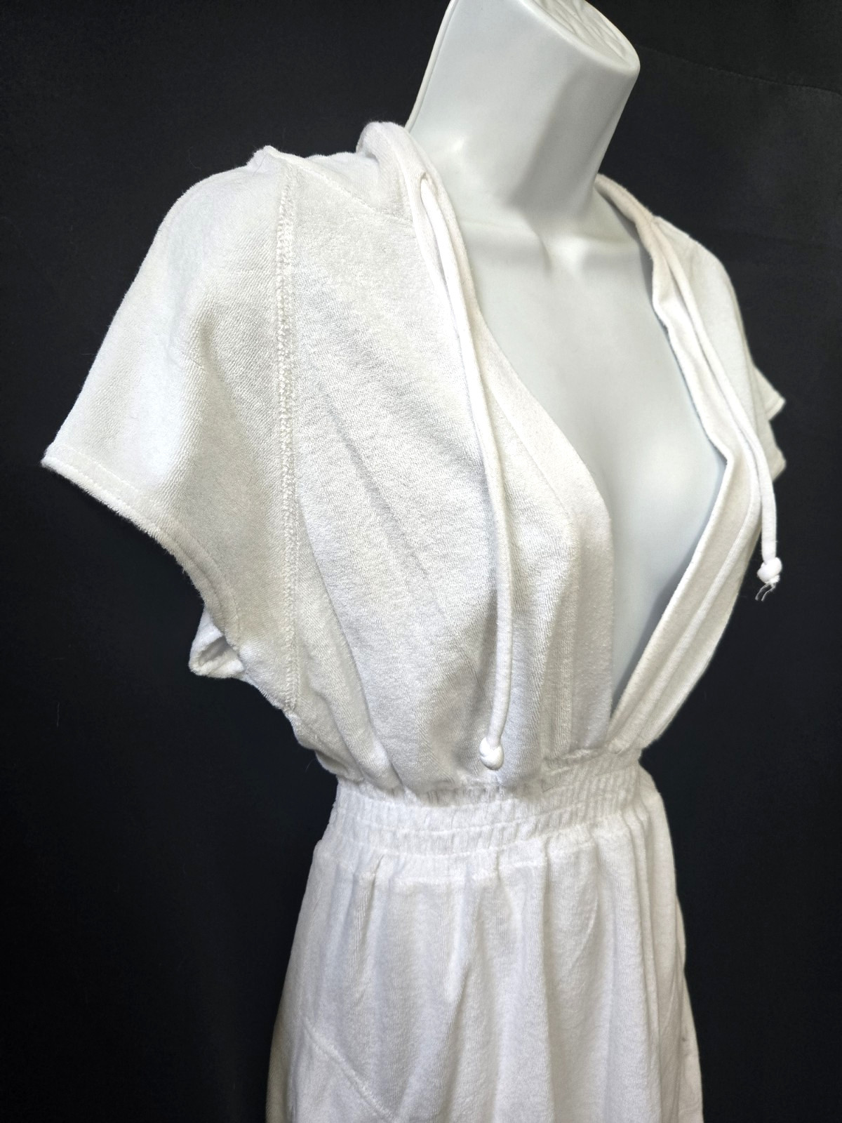 Sporty Sexy Cute Vtg 90s HANA SPORT Deep V-Neck Terrycloth Hoodie Mini Dress L
