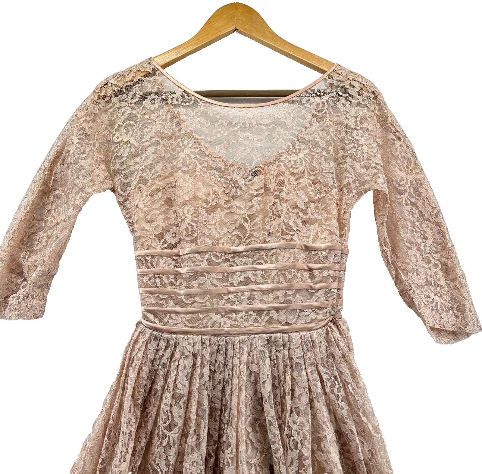 1950s Lace Dress Vintage Cocktail A Line 3/4 Sleeve Satin Lined Beige Nude Blush