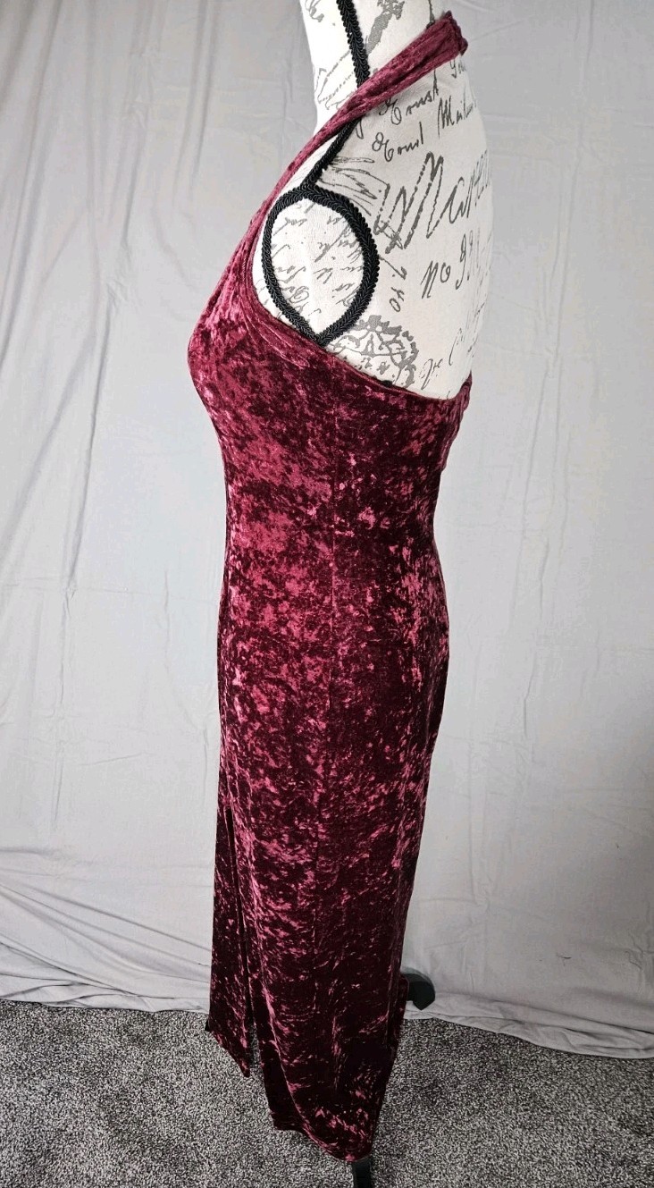 Vintage 90s Y2K Luly K NYC Burgundy Velvet Halter Long Dress Sz Medium