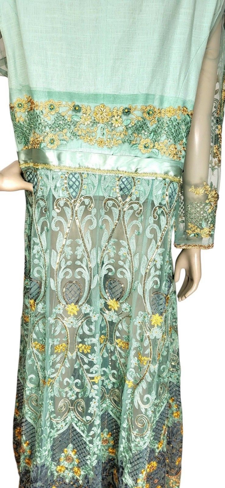 VTG Lace Tulle Metallic Gold Embroidered Bead Embellished Duster Belted Jacket