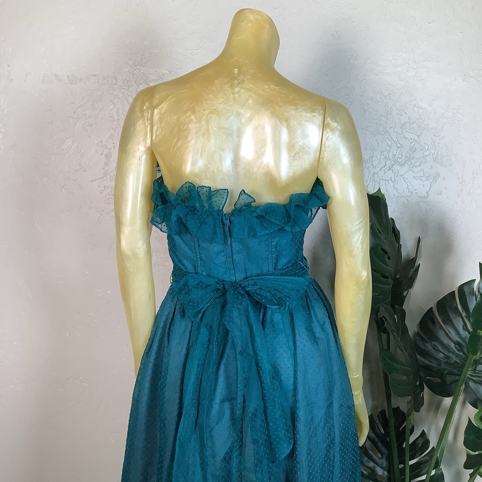Vtg 1980s Gunne Sax Teal Swiss Dot Strapless Tea Length Semi-Formal Dress