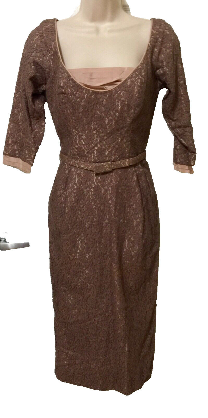 Women’s 50s Don Loper wiggle dress cocktail brown lace lined 3/4 sleeve