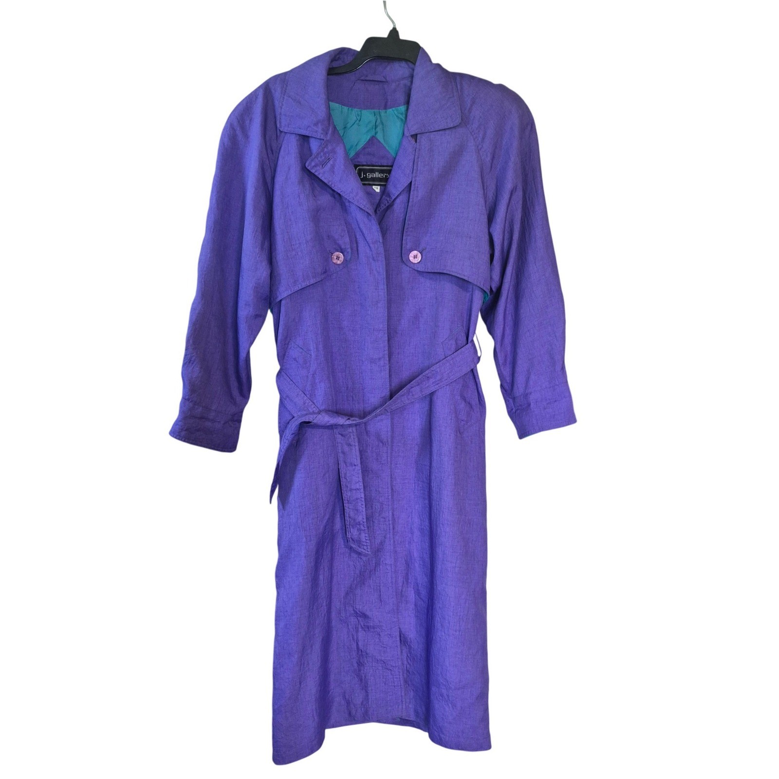 Vintage J. Gallery Purple Trench Coat Teal Lining Belted Womens 7/8