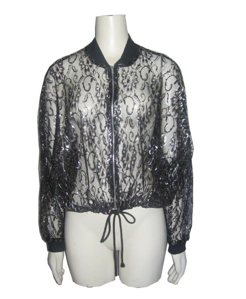 Black Metallic Mesh Lace See Thru Zipper Front Drawstring Waist Grunge Jacket