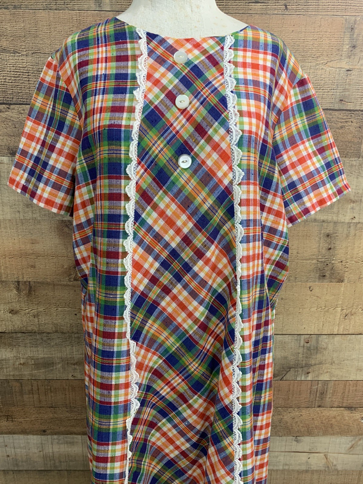 Vintage 1960s Mod Bright Plaid Woven Cotton House Dress 48” Bust /48” Waist