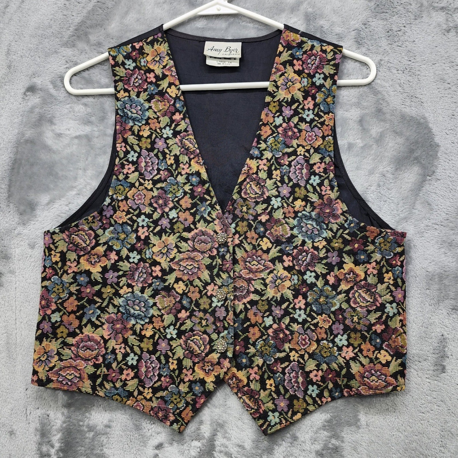 Vintage Amy Byer Vest Womens L Multicolor Floral Tapestry Knit Sleeveless Boho