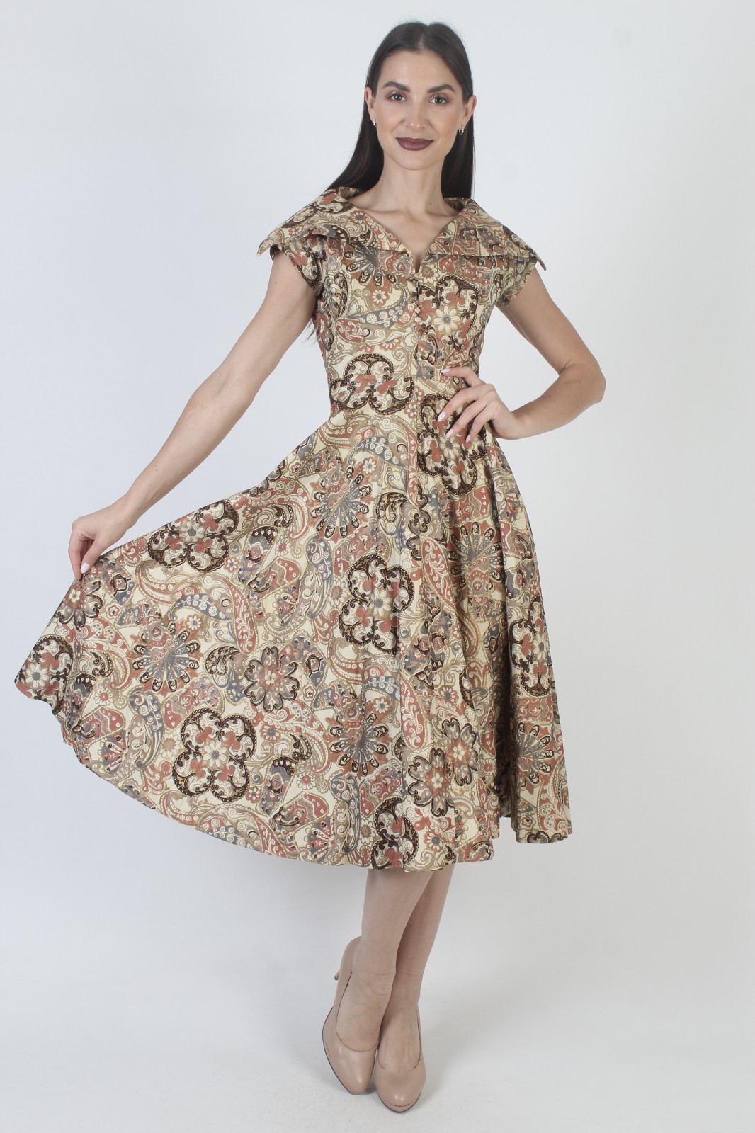 Vtg 50s Paisley Rockabilly Dress Full Circle Skirt Pin Up Atomic Bombshell Midi