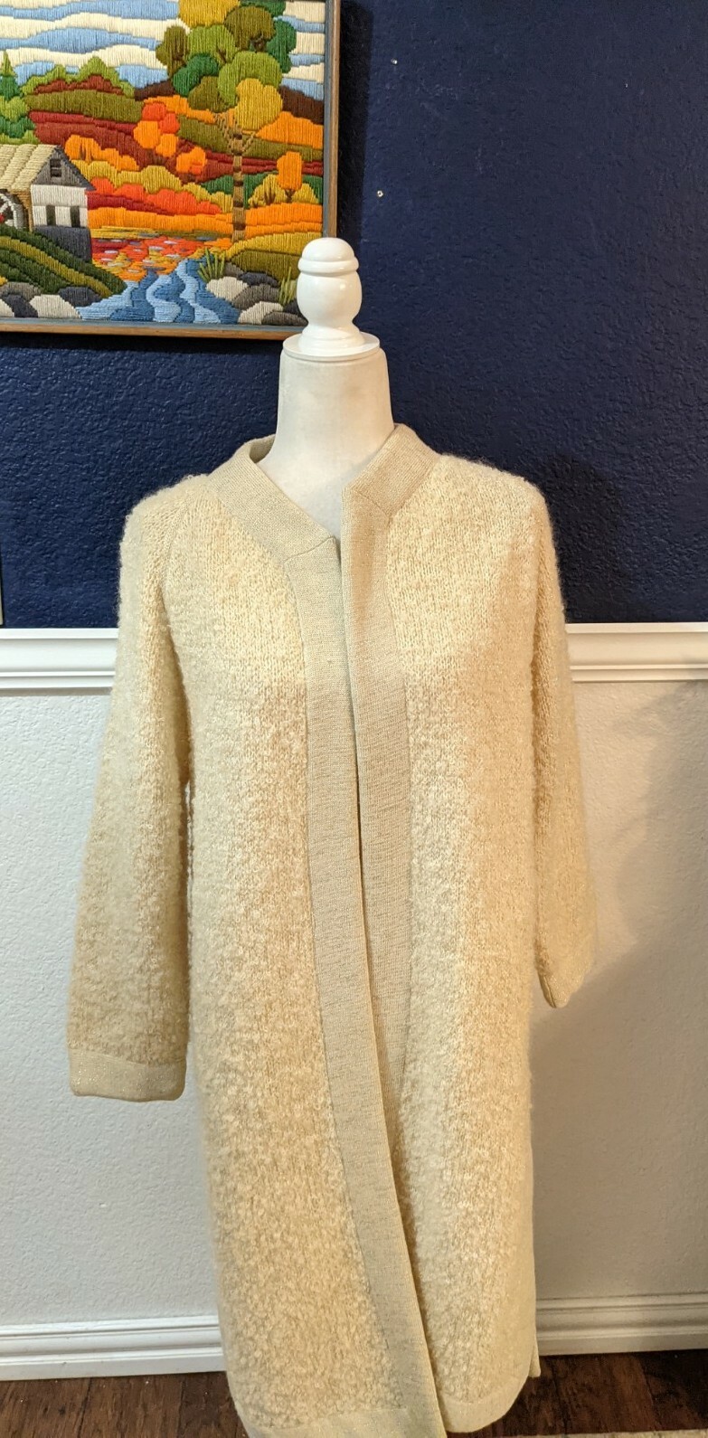 VTG 1960s SAKRI Beige Metallic Long Wool Sweater Coat Jacket Sz Medium M