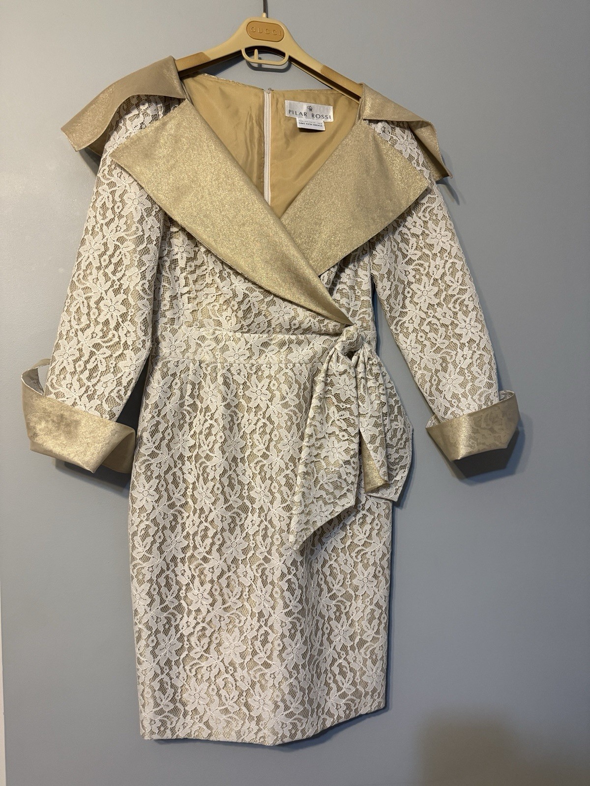 Vintage Pilar Rossi Lace & Metallic Gold Dress Saks Fifth Avenue 90s M USA