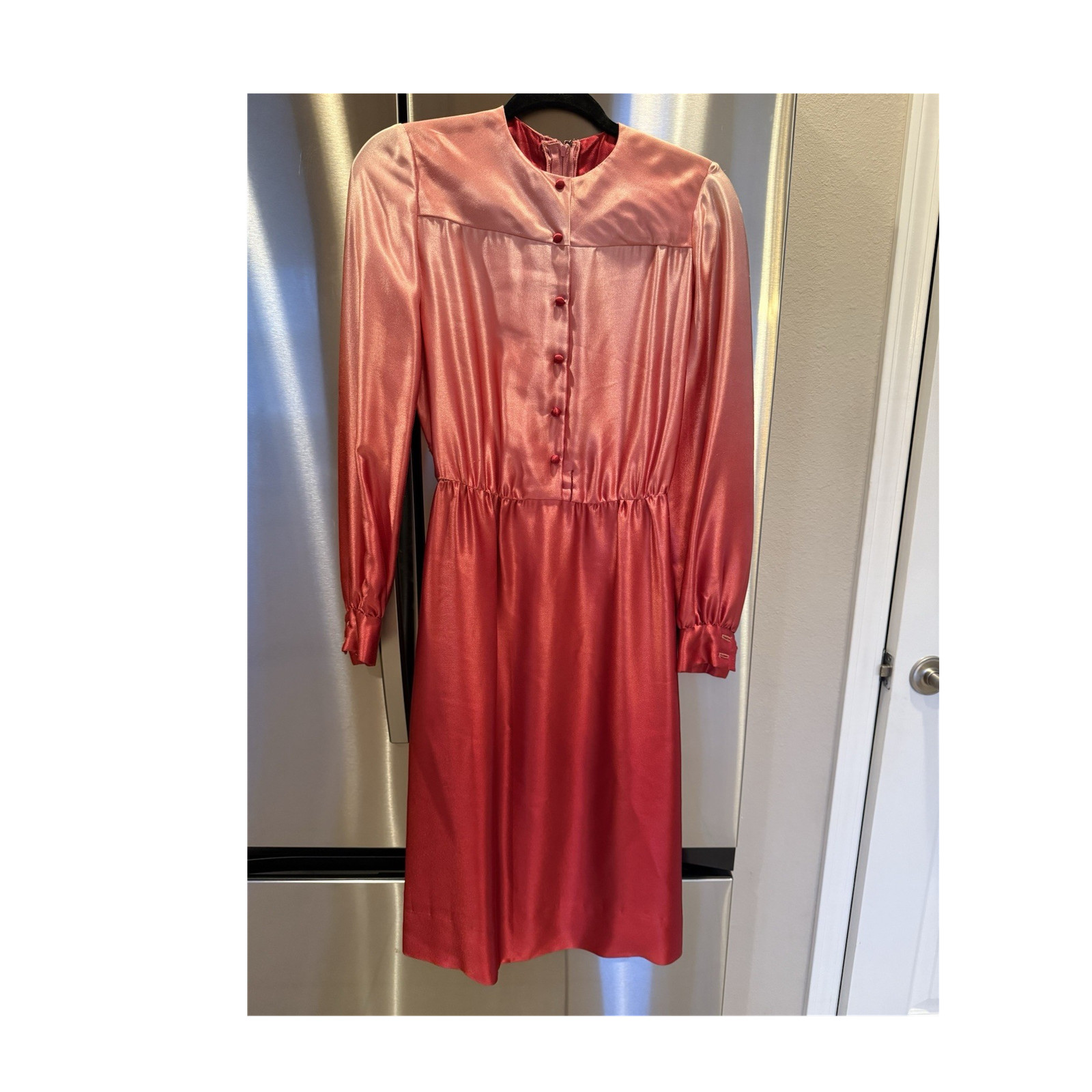 Vintage 70s Pat Sandler Ombre Pink Red Satin Dress Long Sleeve Midi Retro Small