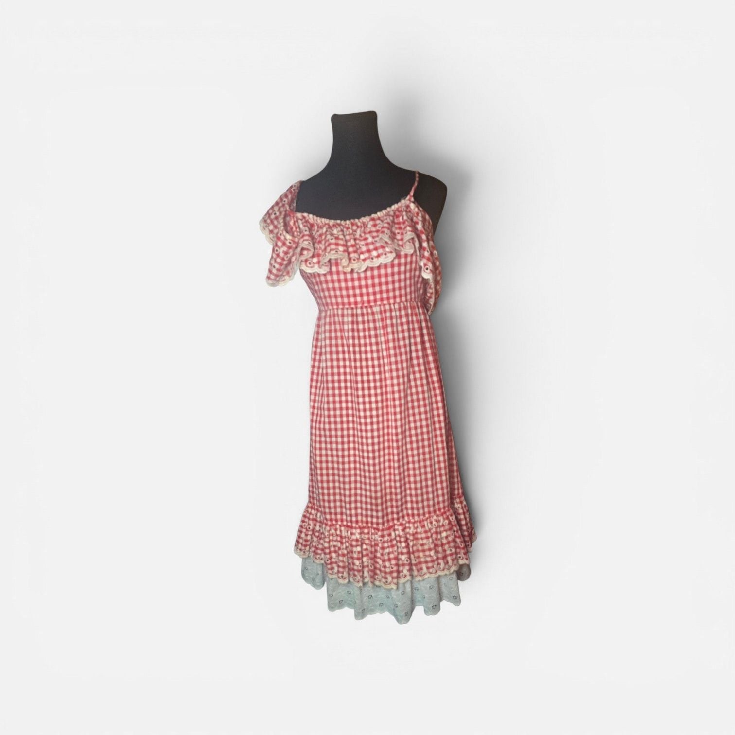 Vintage ALMOR New York Red Gingham Cottagecore Dress Eyelet Lace