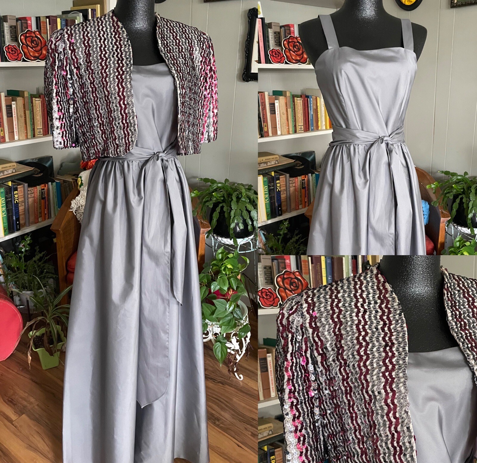 Vtg Gown/Sequin Jacket/Belt LUXE Metallic Gray Pink 60s Party Formal Mod GLAM