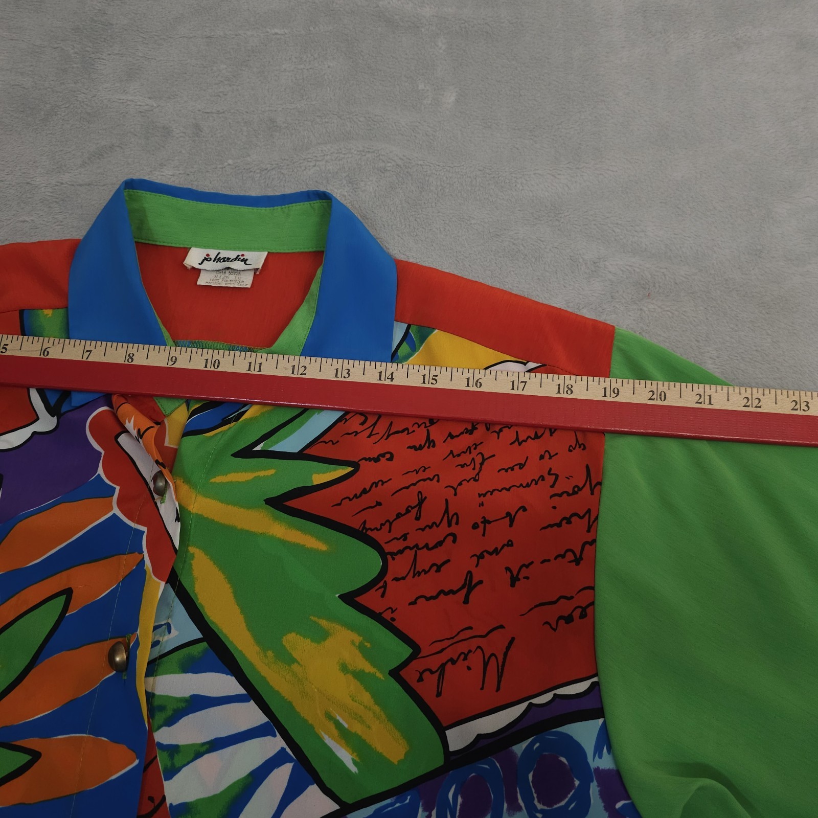 Vtg Bold Colorful Blouse 1980s Travel Novelty Print USA Med Lrg Big Button Silky