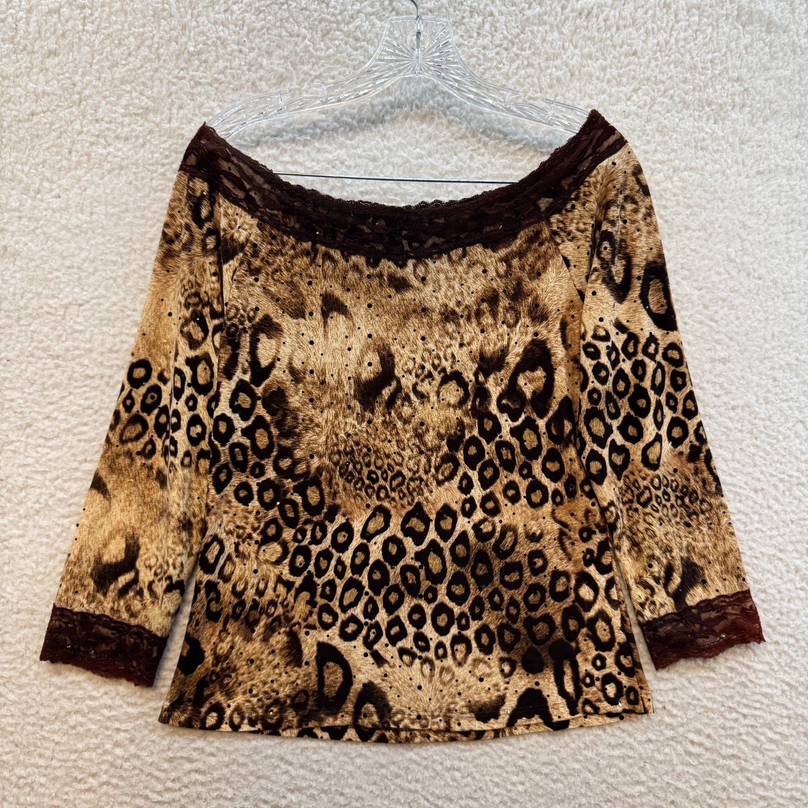 90s Y2K Vintage Cold Off Shoulder Top Large XL Tan Cheetah Leopard Animal Print