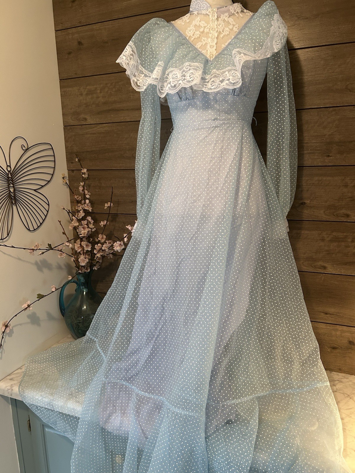 Vintage Blue Swiss Dot over Lavender Taffeta Party Prom Dress 24” Waist Sz5