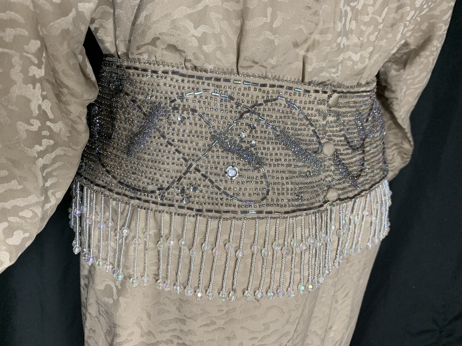 Vintage Heavy Beaded Dynasty Taupe Silk Dress Designer D’ore Animal Print Sz 14