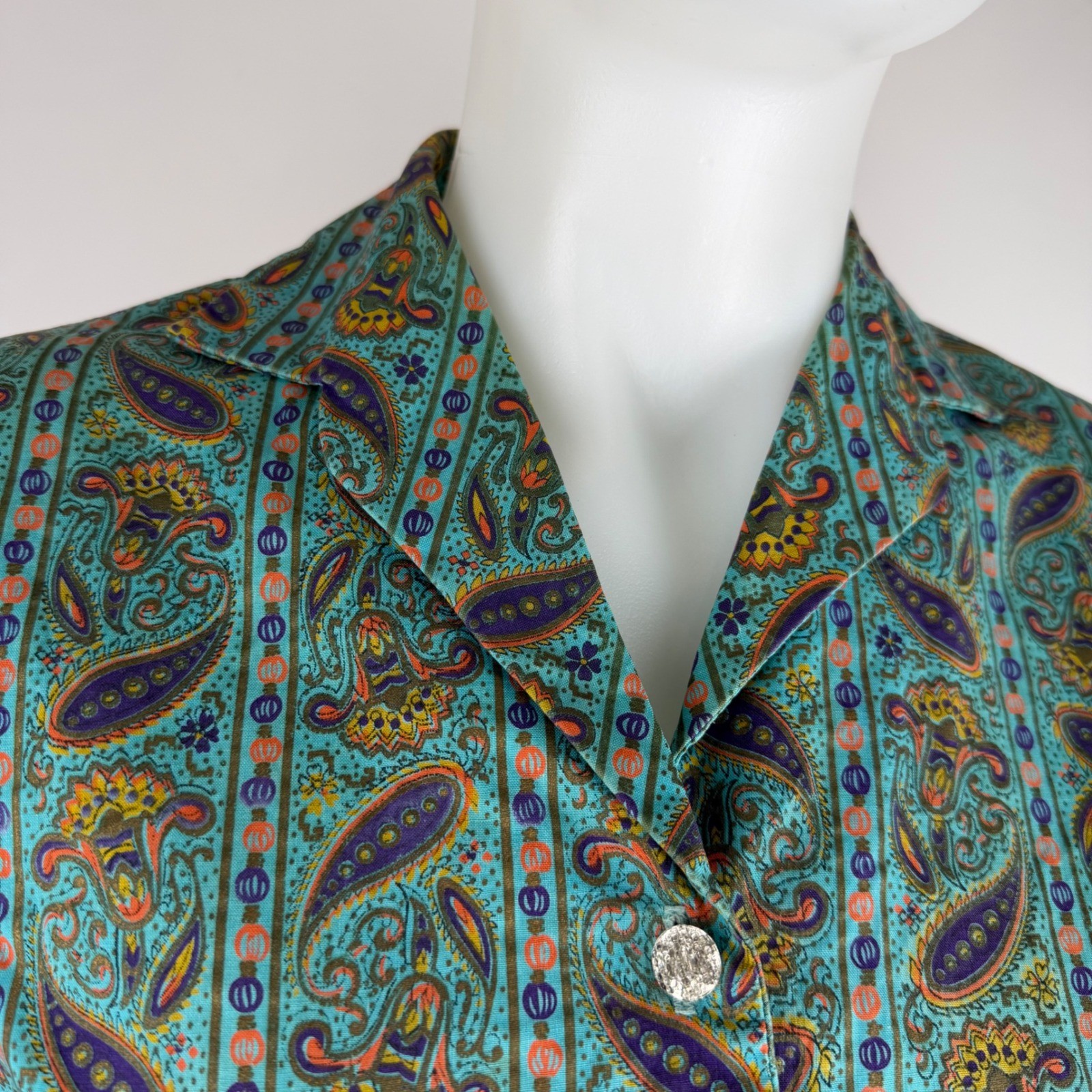 50s 60s Crop Top Teal Paisley 3/4 Sleeve Tie Hem Sz 32 DISTRESSED AS IS
