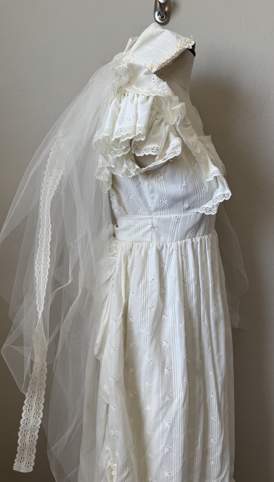 Vtg 70s Ivory Wedding Dress Prairie Cottage Core Peasant Bonnet Hat Veil Trek