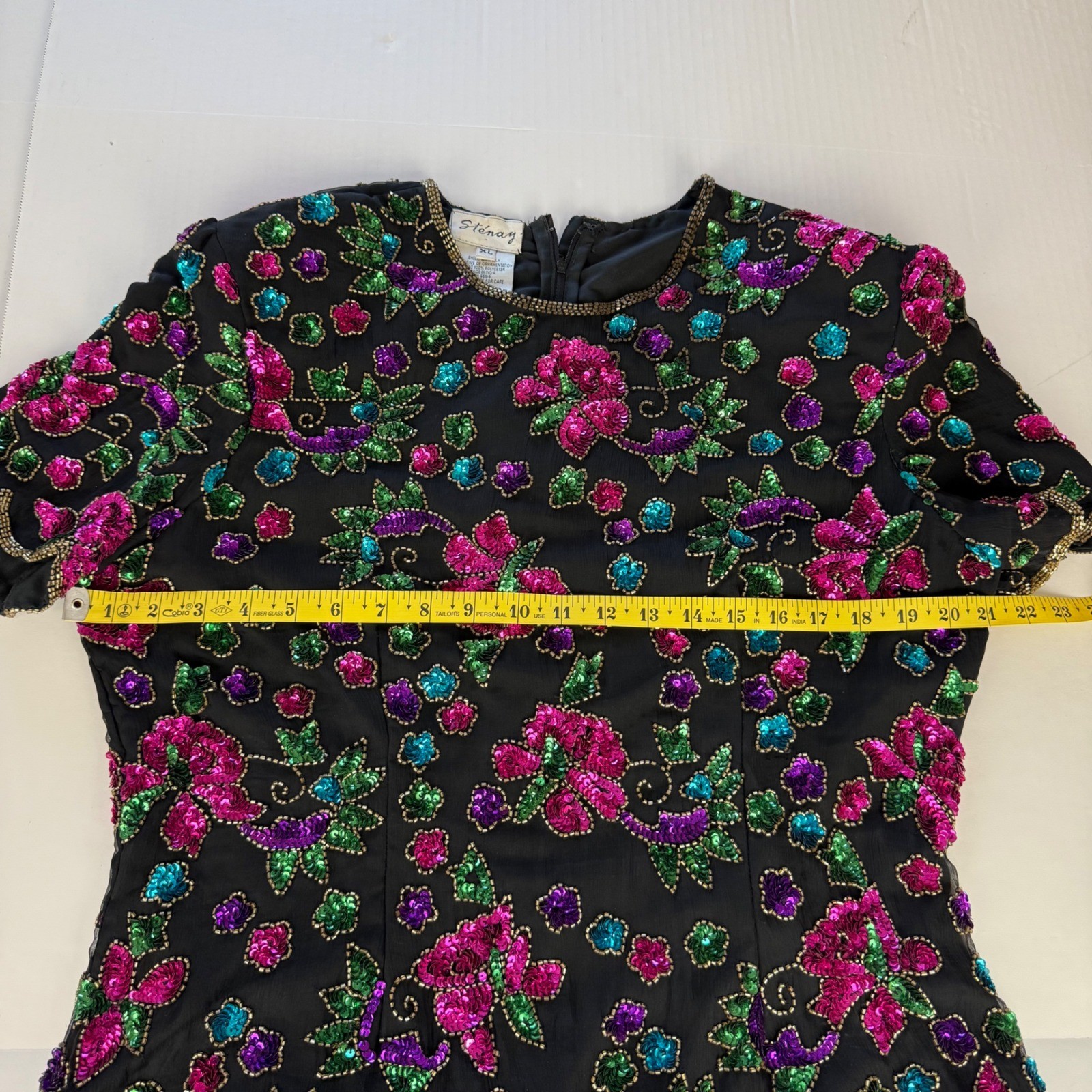 Stenay Vintage Silk Sequin Floral Beaded Evening Blouse Black XL Scalloped Hem