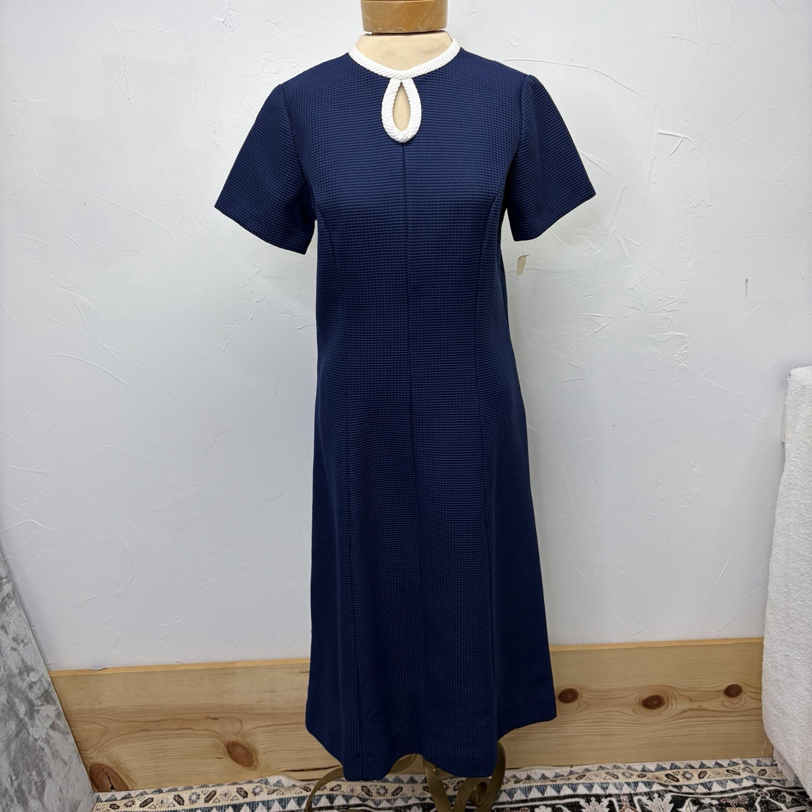 Vintage Womens 60’s Mod A-Line Dress 14T Navy White Keyhole Pinup Union Made NEW