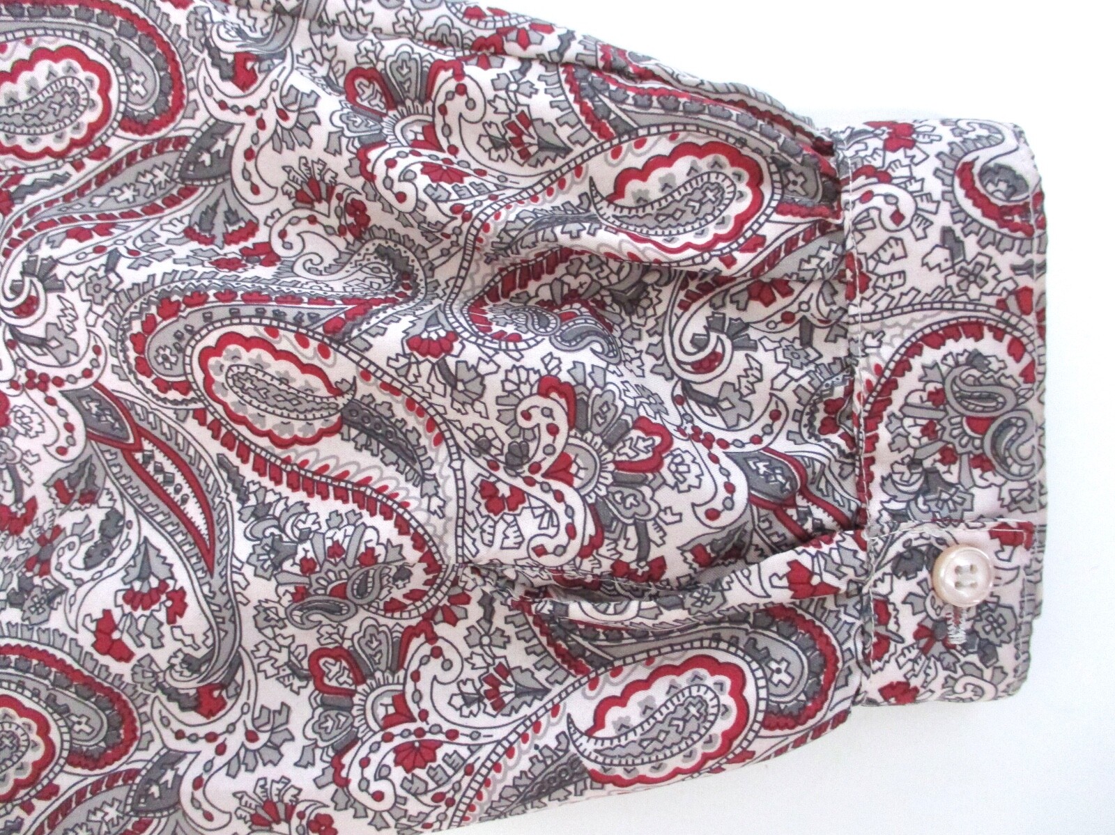 Vtg 70s 80s Red Gray Paisley Silky Tuxedo Ruffle Secretary Blouse High Neck 18