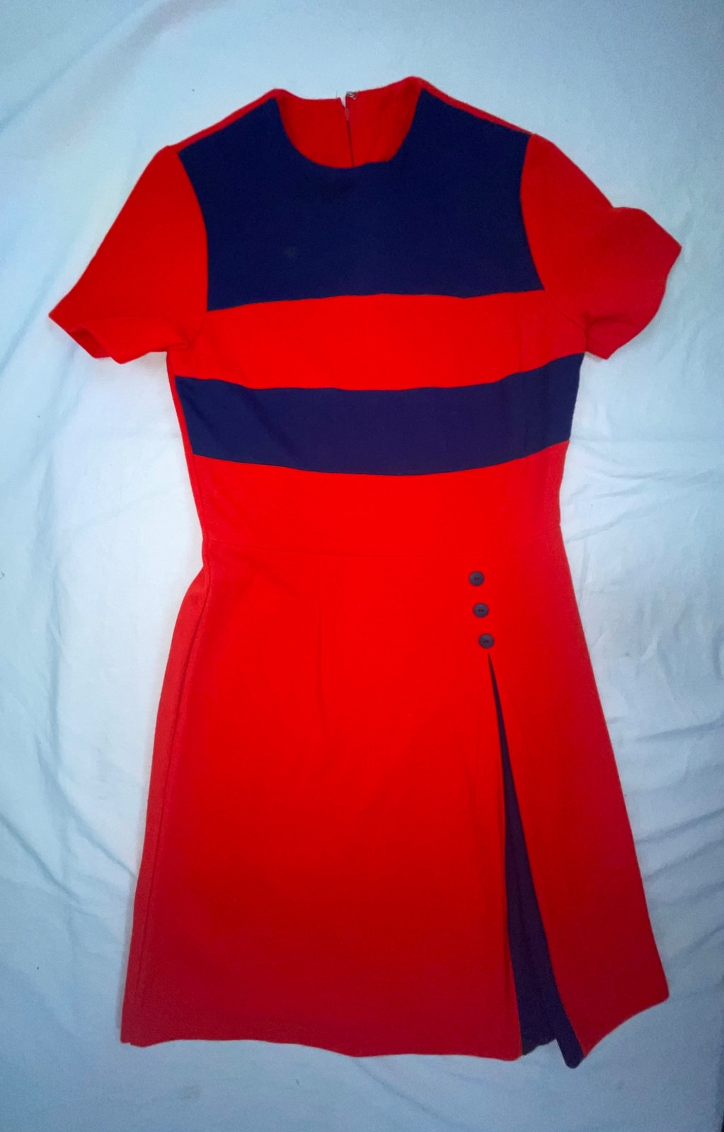 VTG 60S 70S WOMENS S RED BLUE STRIPE ACRYLIC DISCO RETRO GOGO MOD DRESS