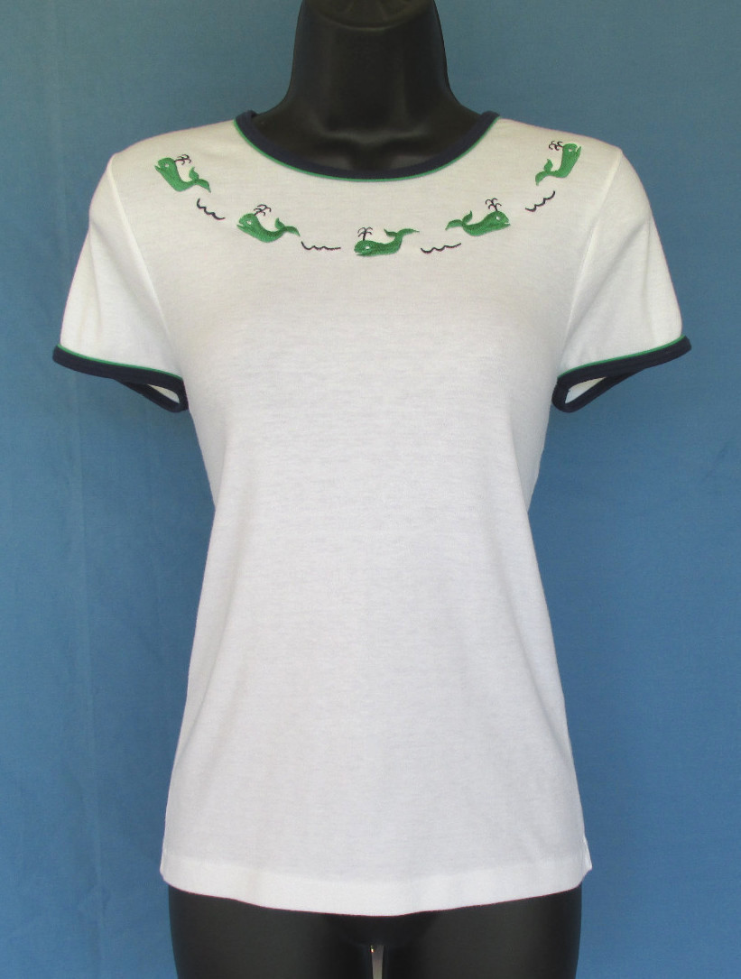 VINTAGE 1960s 70s MOD AVANTIQUE TOP WHALES WHITE GREEN EMBROIDERY POLY COTTTON