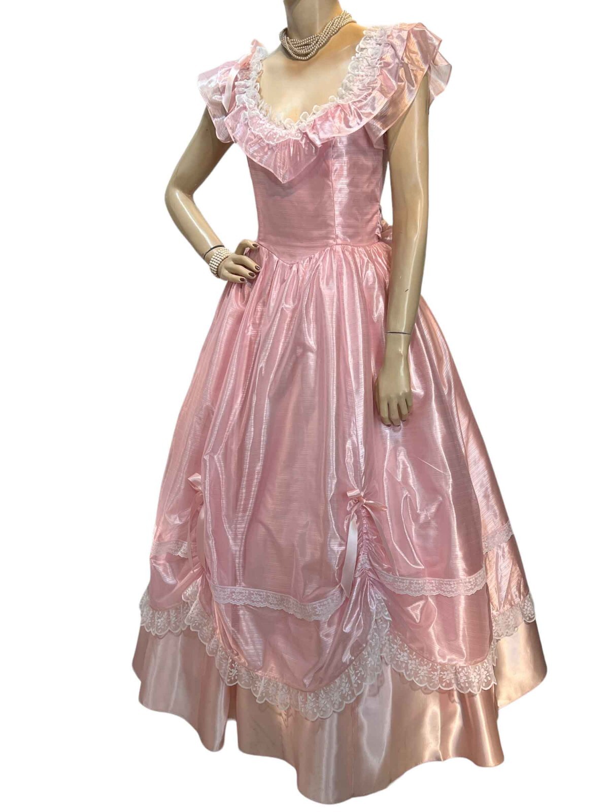 Sz XS~S Vtg 80s Southern Belle Dress Prom Ball Gown Pink Off Shoulder Full Skirt