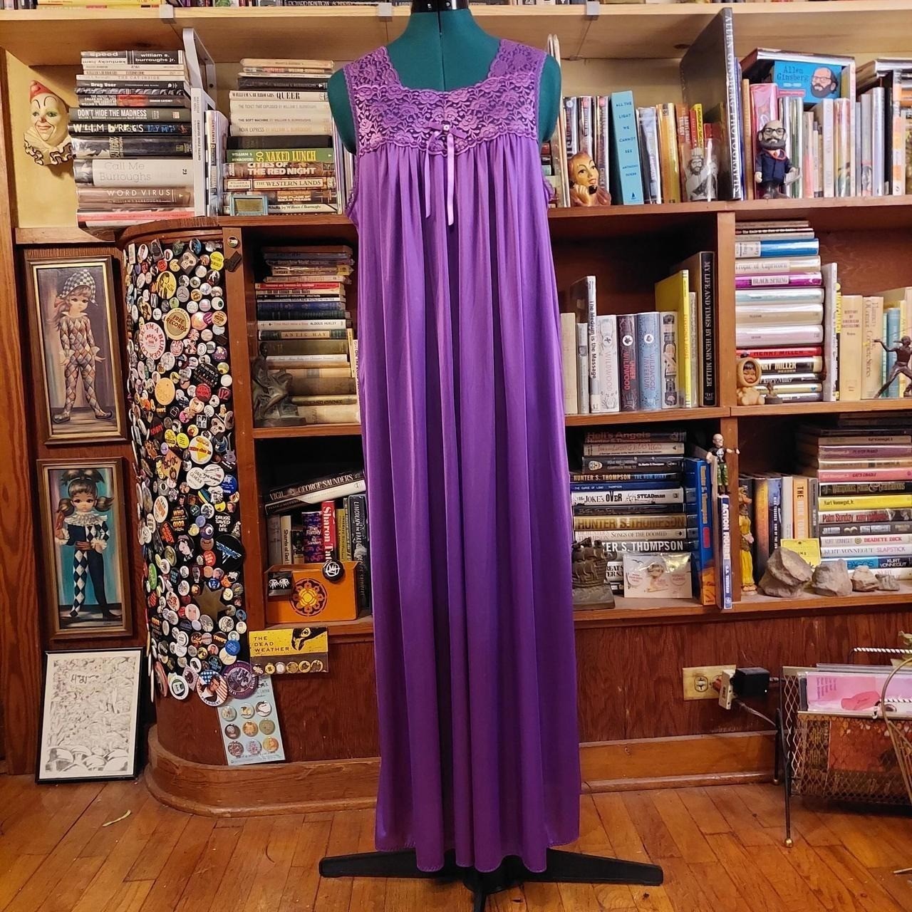 Vintage purple maxi slip with lace and bow detail.