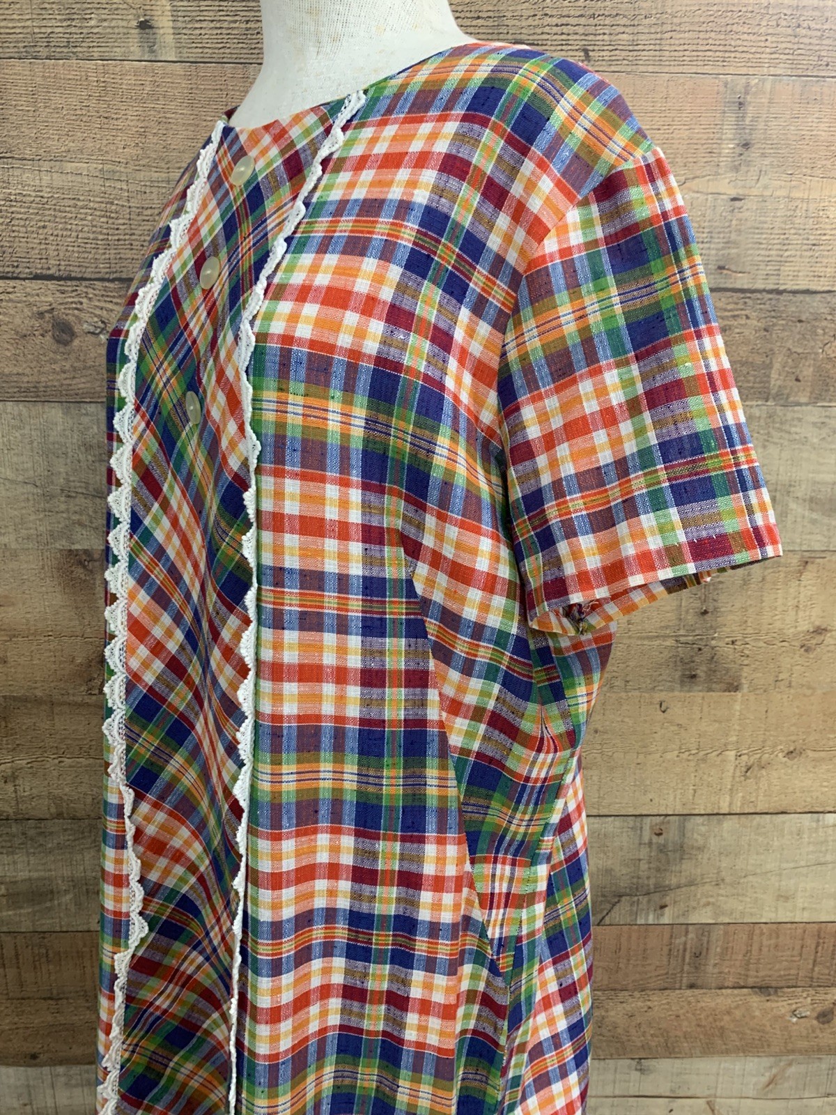 Vintage 1960s Mod Bright Plaid Woven Cotton House Dress 48” Bust /48” Waist
