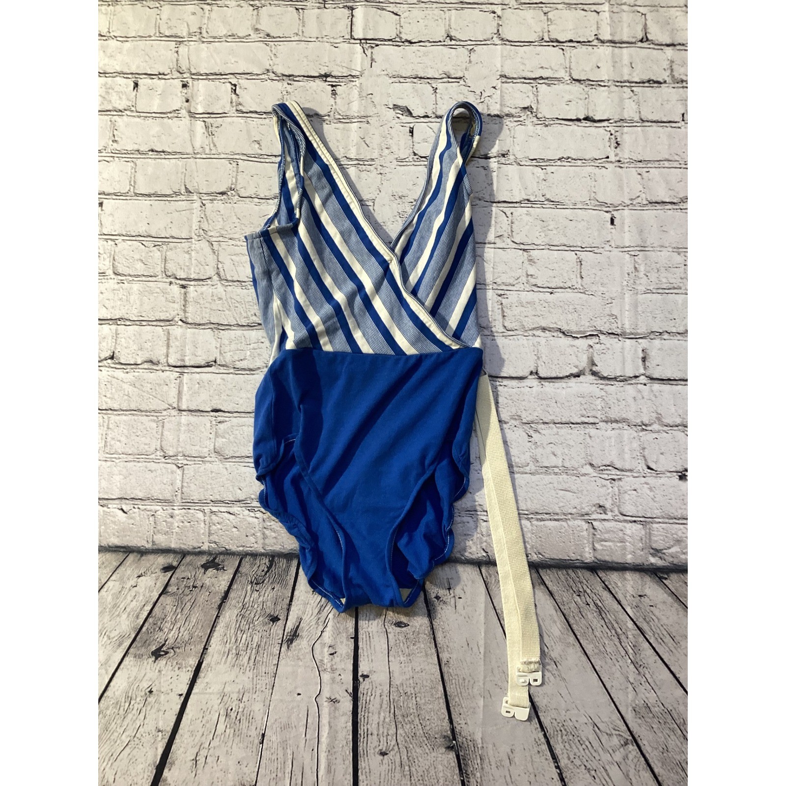 Vintage Cheryl Tiegs Sears Blue White Striped Belted One Piece Aerobic USA 12