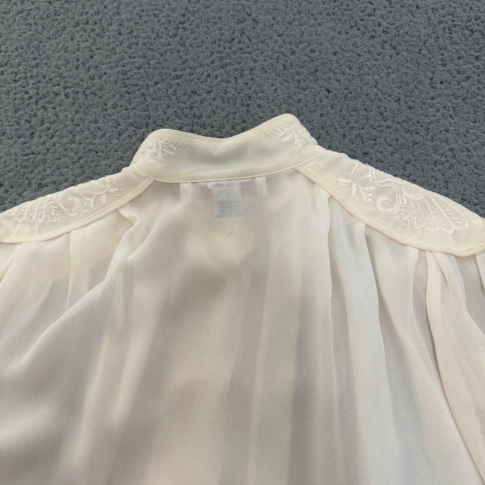 Vintage Cream Pleated Embroidered Blouse Womens 10 Ivory Victorian Top Sheer