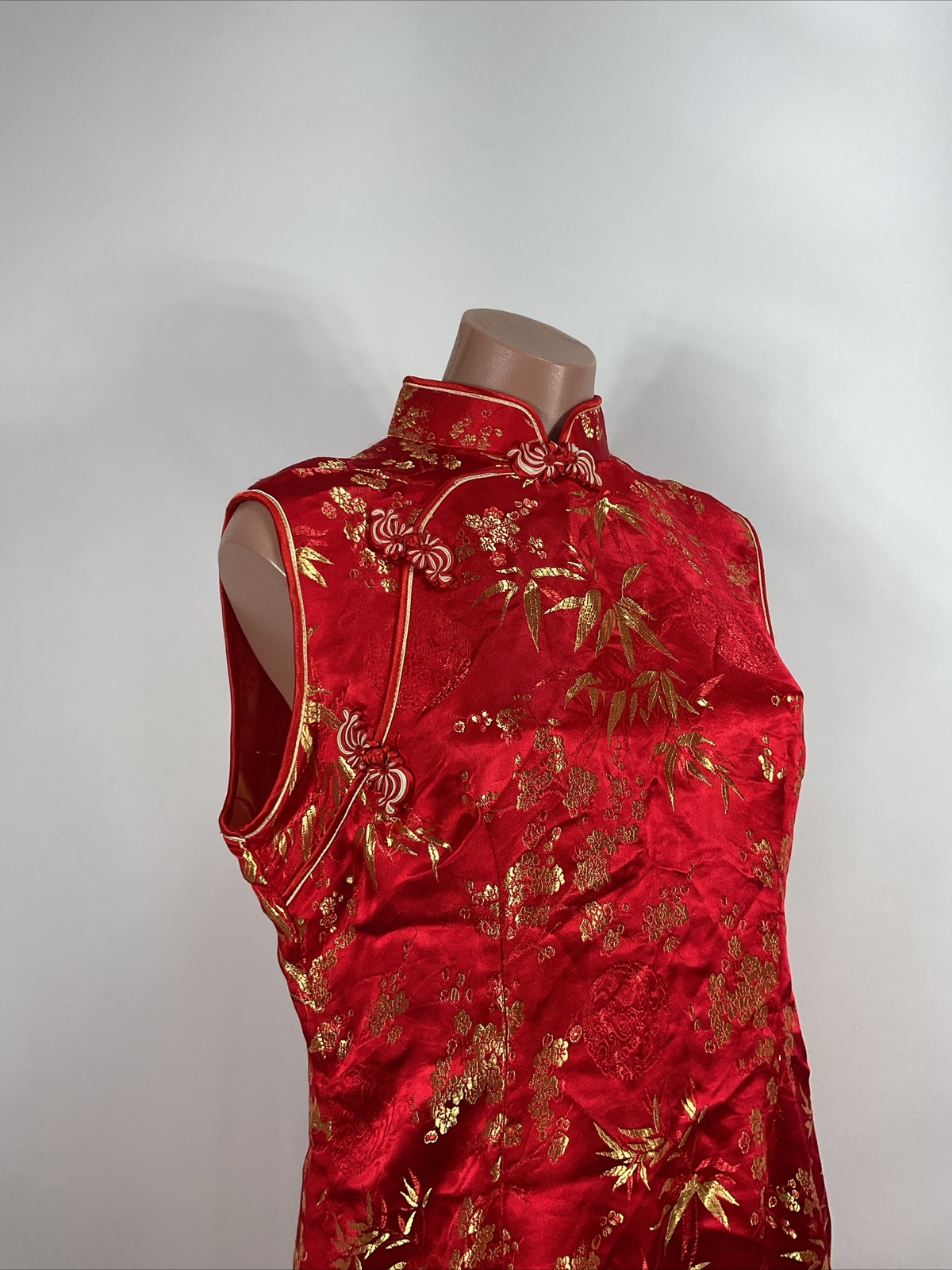 Asian Floral Cheongsam Vintage Dress Mandarin Collar Metallic Gold Red Sz 3xl PH