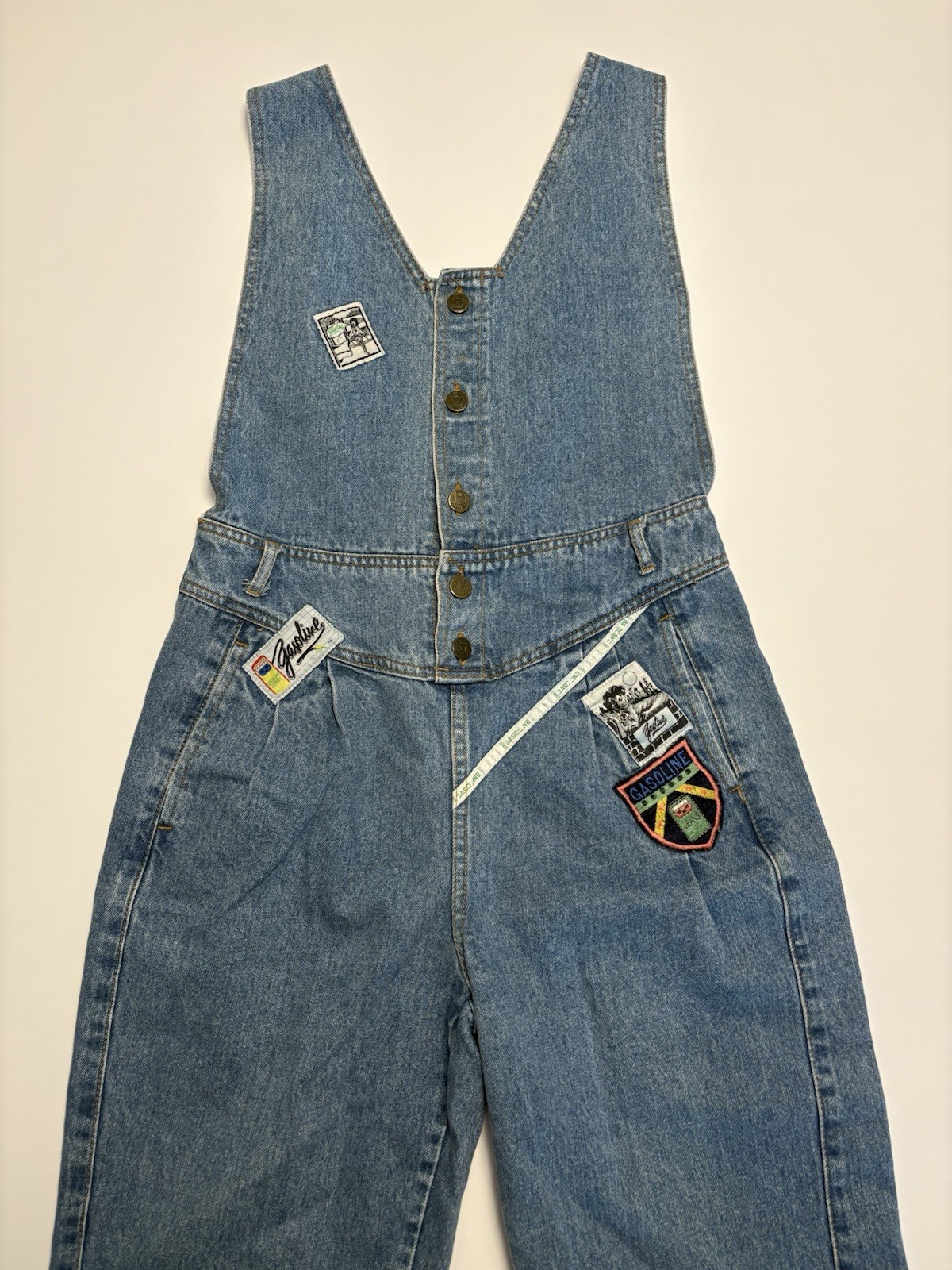 Vintage Gasoline Denim Overalls Juniors Small Blue Patchwork Bib Jeans Y2K Retro