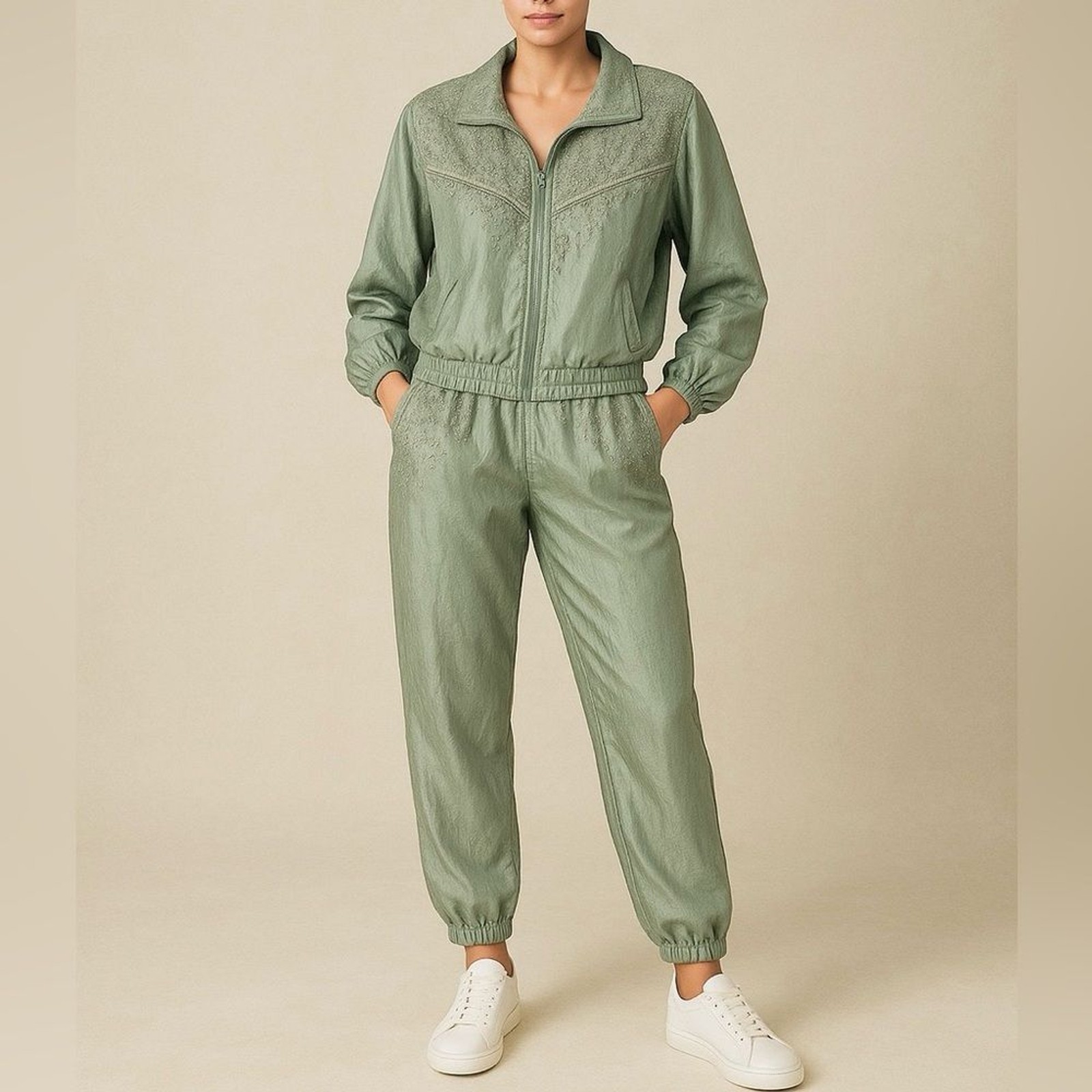 Vintage Y2K Maurada 100% Silk Beaded Lace Tracksuit Set XL Sage Jogger Jacket