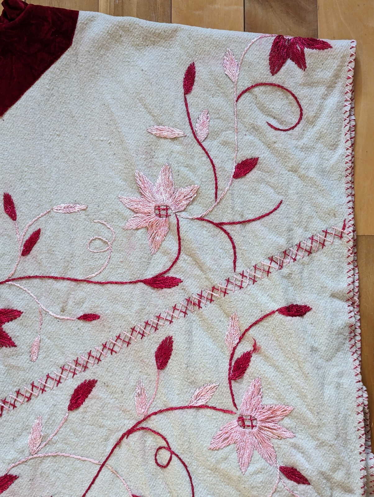 VTG Boho Chic Hippie Unbleached Wool Red Velvet Embroidered Fringe Poncho OOAK