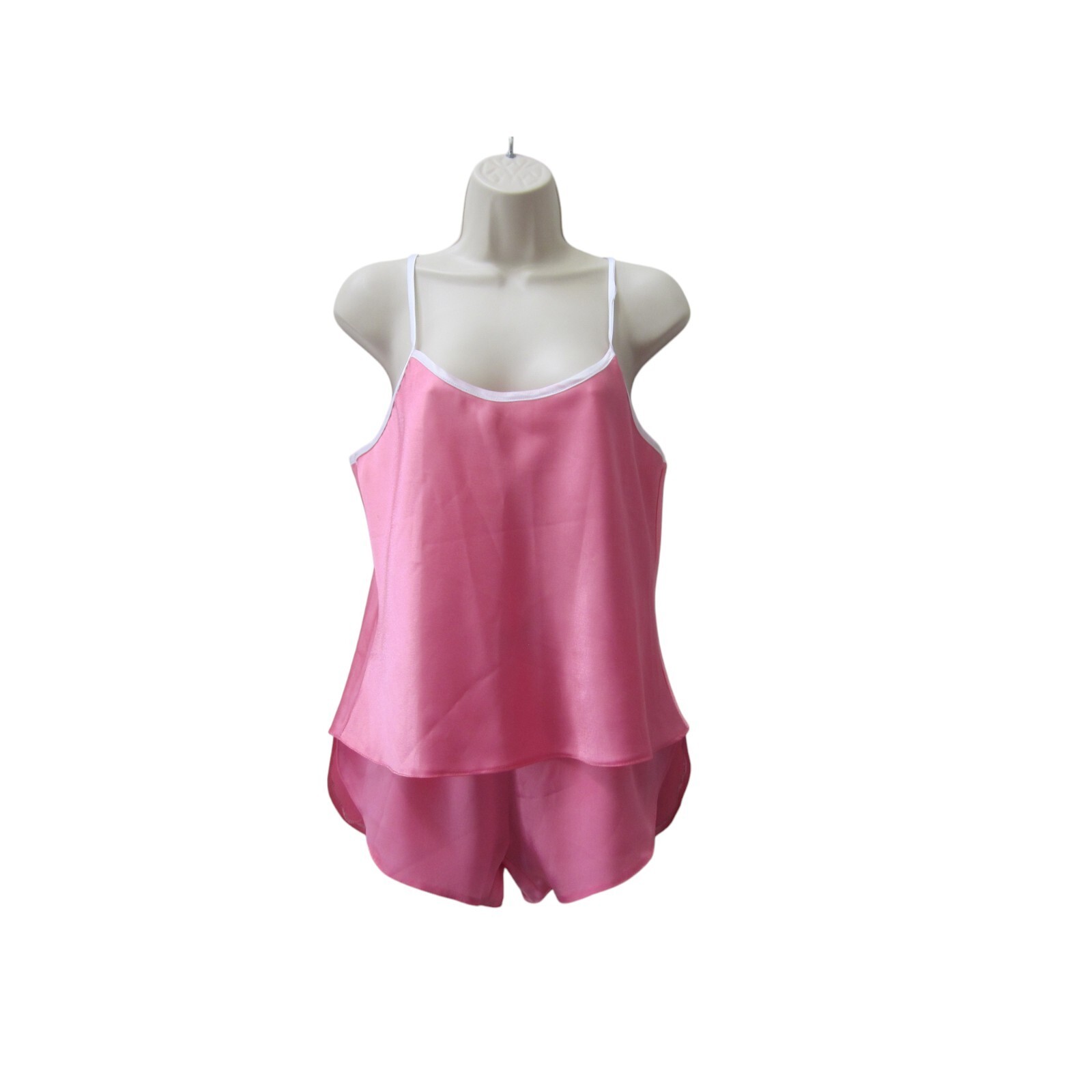 GQ TAILOR SHOP 3 Pc Pink & White Satin Robe Top Shorts Pajama Outfit Sz S