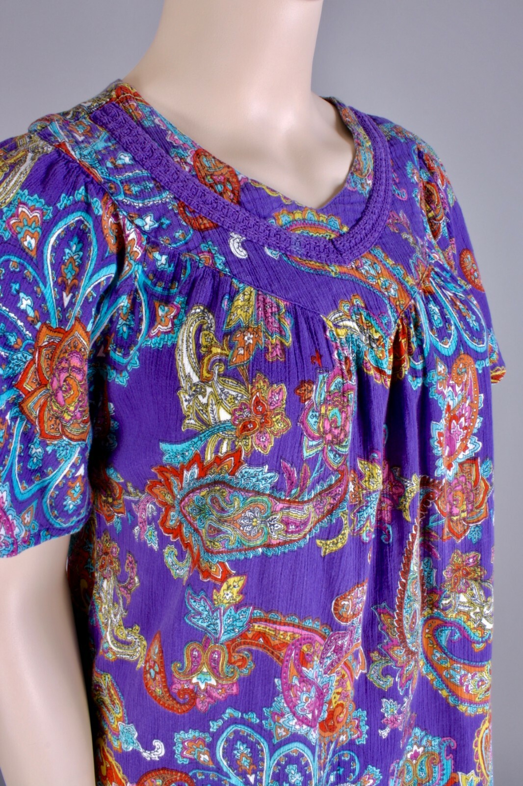 Plus sz 1X Vintage 70s Purple Paisley Hippie Mod Mini Nap Dress w Pockets
