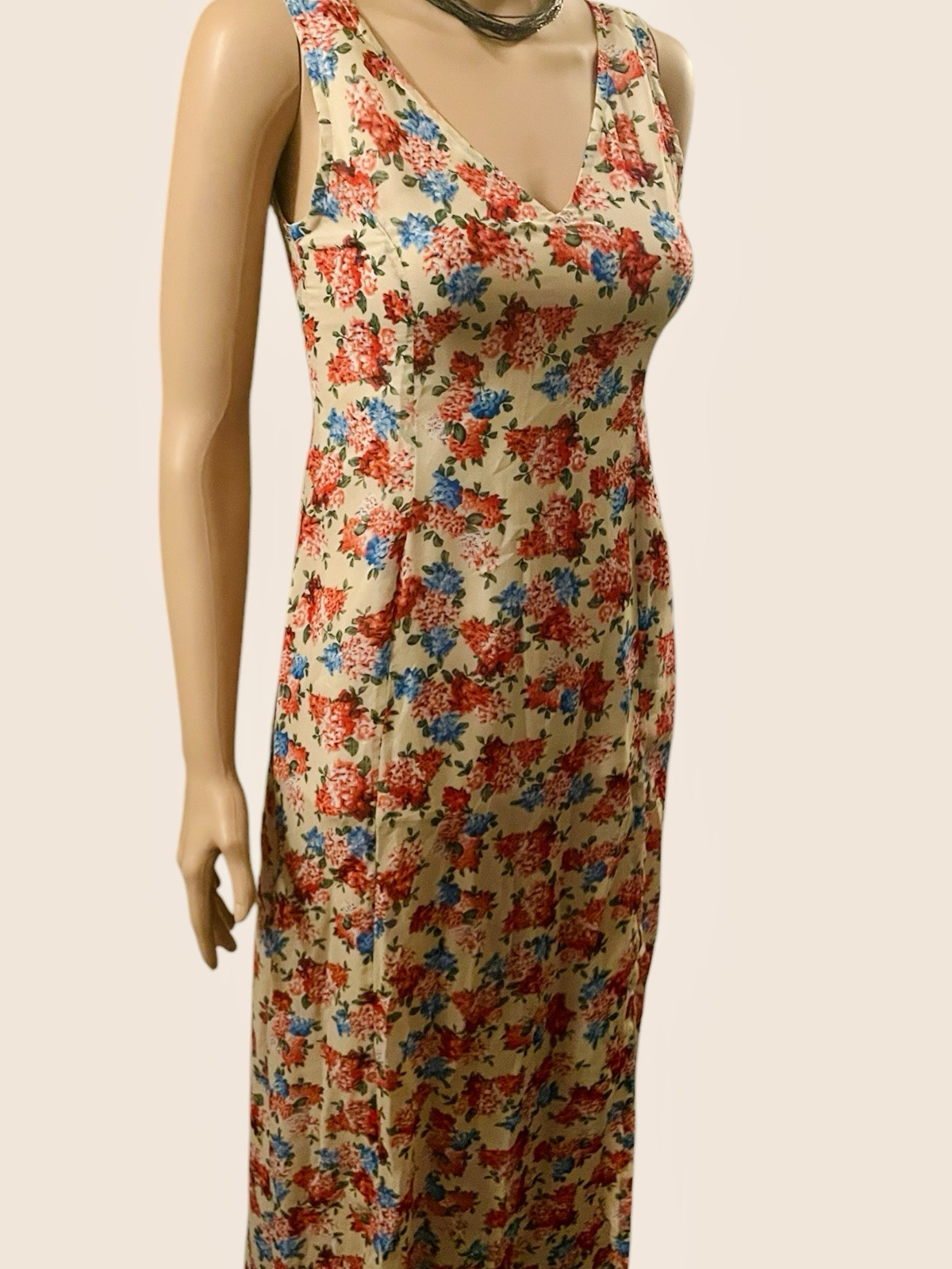 Vintage Silk Dress 1970s Floral Sheer Maxi Sexy Side Split V Neck Cottagecore S