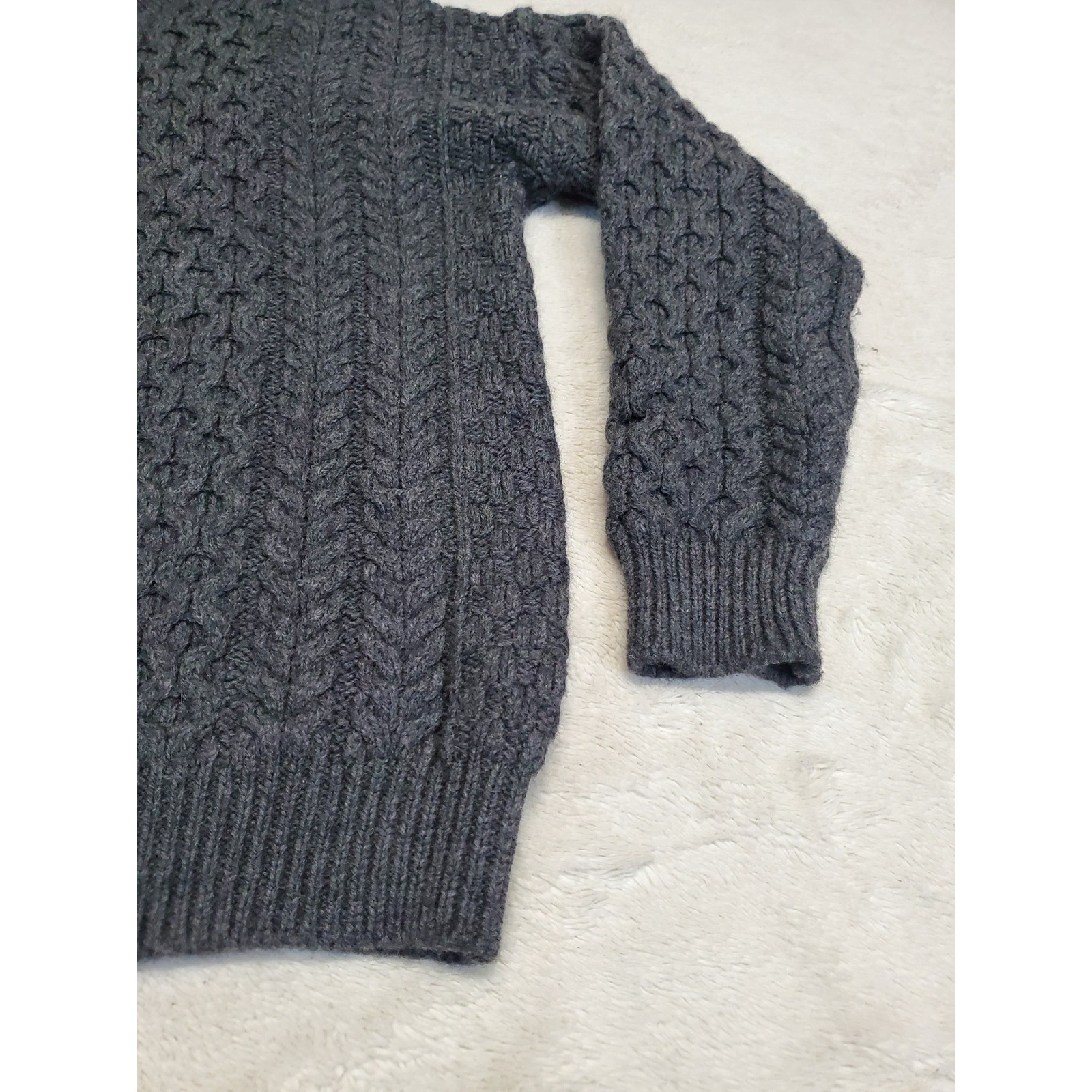 Vintage Gray Chunky Cable Knit Turtleneck Merino Wool Fisherman Sweater Small