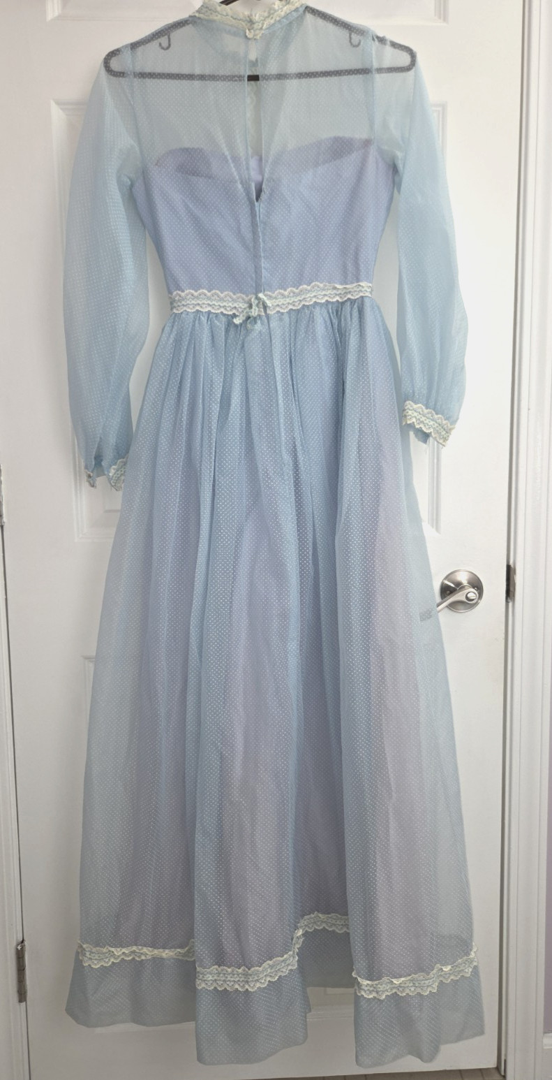 VTG Handmade Blue Flocked Dotted Swiss Dot Maxi Dress Prairie Cottagecore Small