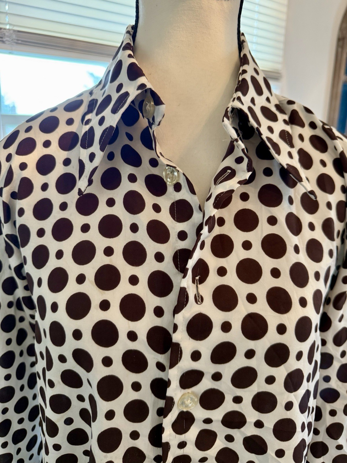 Vintage Givenchy For Chesa Brown Polka Dot Blouse W 70s Lapels Lg Broken Buttons