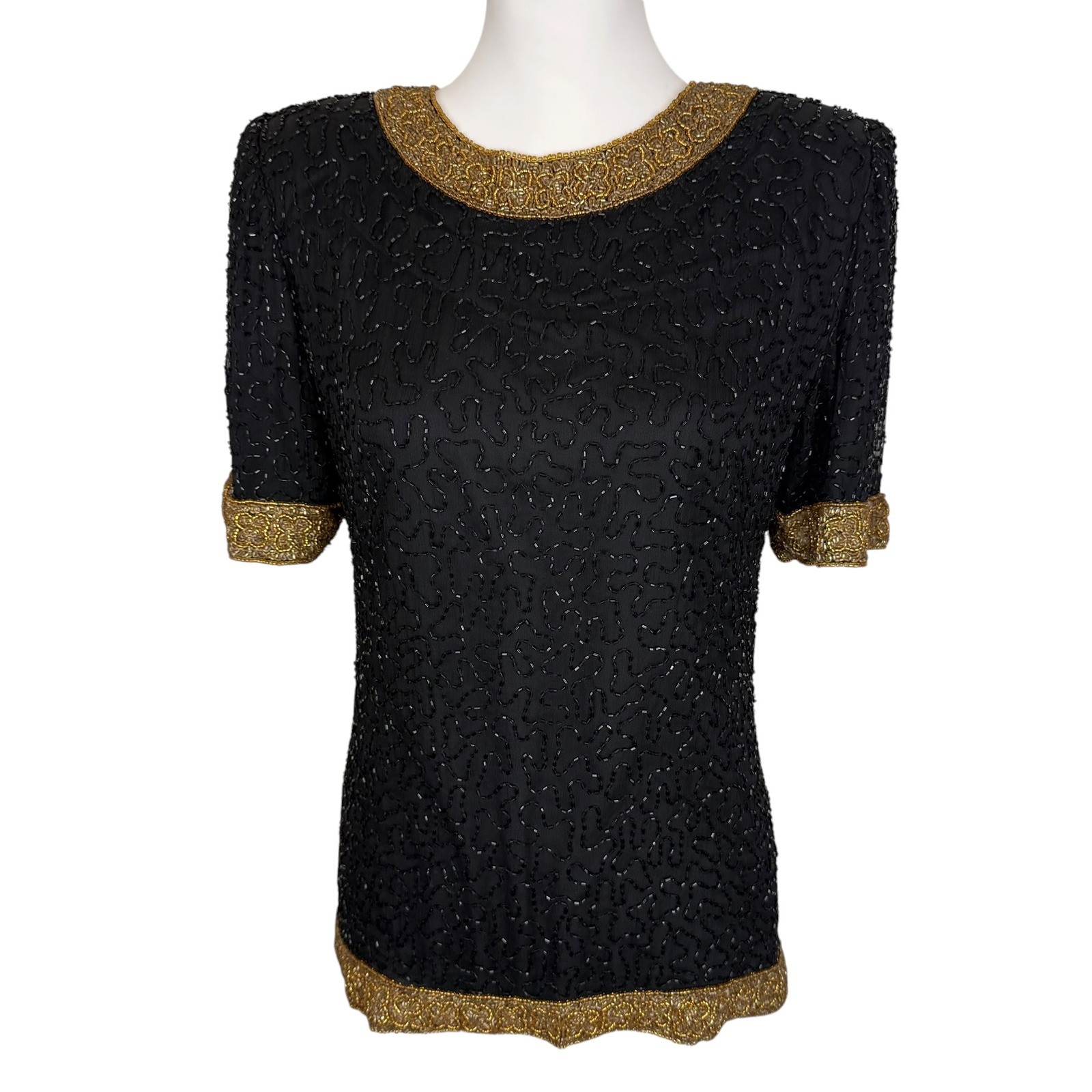 Laurence Kazar Vintage Beaded Silk Top Black Gold Evening Blouse Small Short Slv