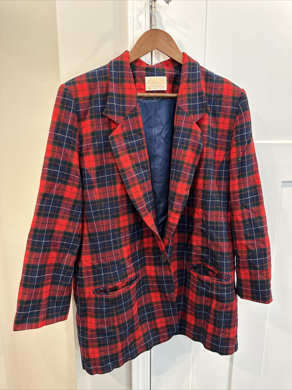 Vintage Pendleton Virgin Wool Plaid Blazer 23” Chest Shoulder Pads Red Pockets