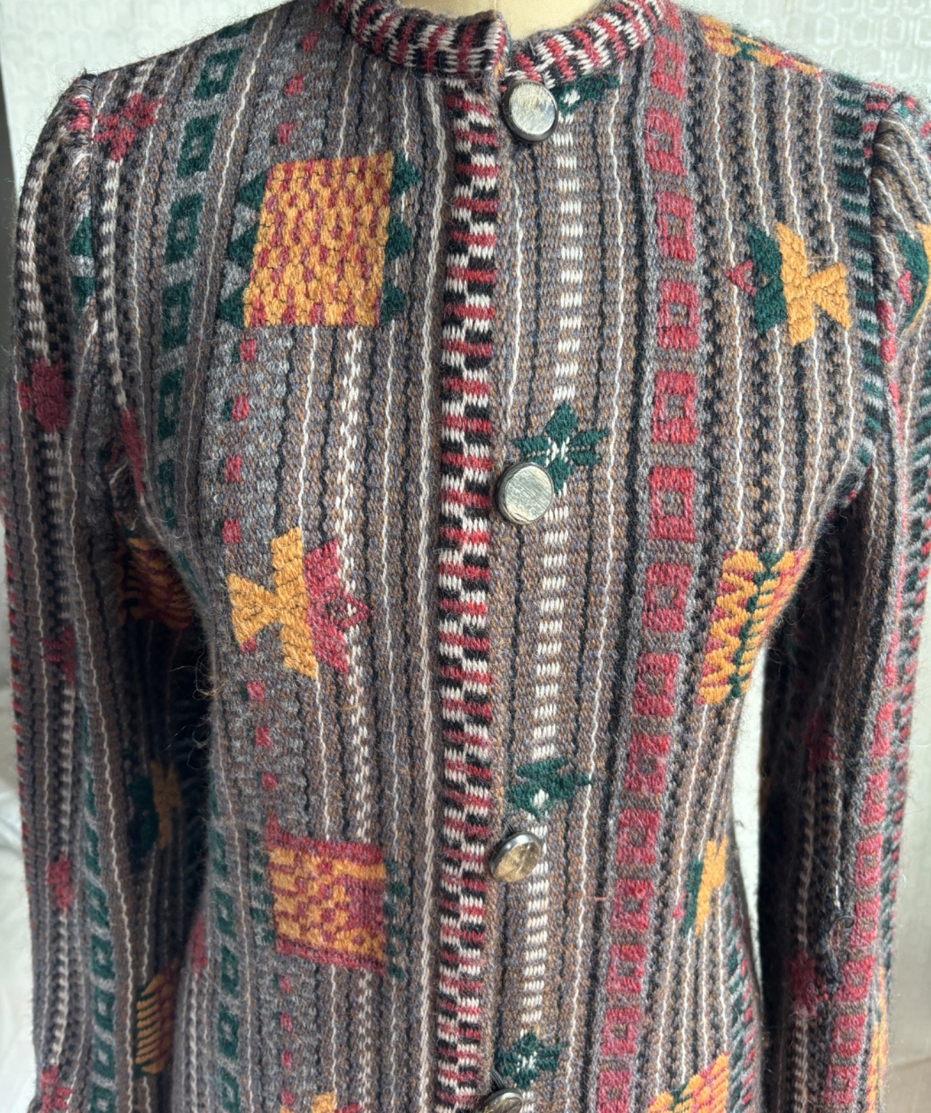 VTG EMANUEL UNGARO GRAY-BROWN SOUTHWEST NATIVE PRINT CARDIGAN SWEATER JACKET*S 4
