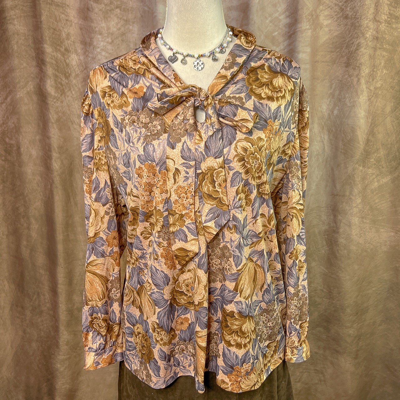 Vintage 70s Polyester Blouse Floral Tie Neck Earthy Multicolor Retro Disco