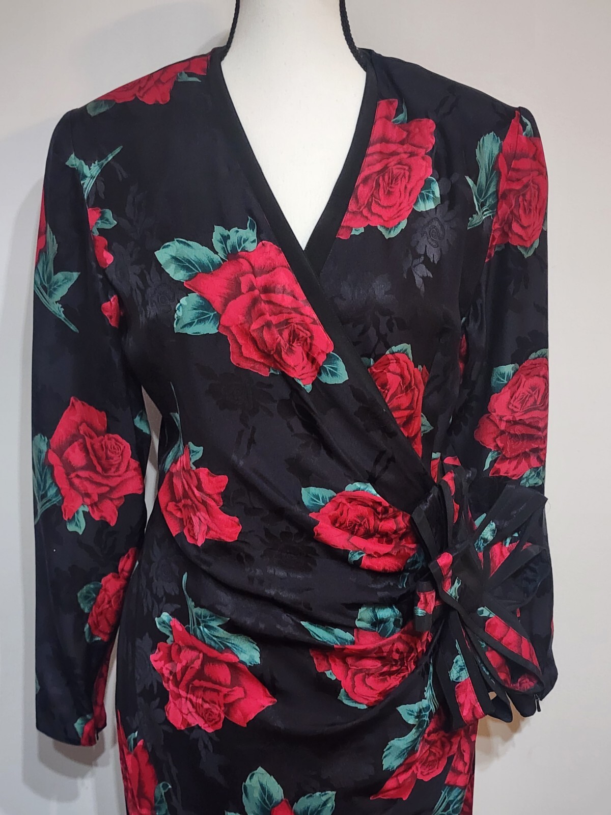 Vintage 1980s PIA RUCCI Wrap Dress Size 8 100% Silk Black Floral Rose Print