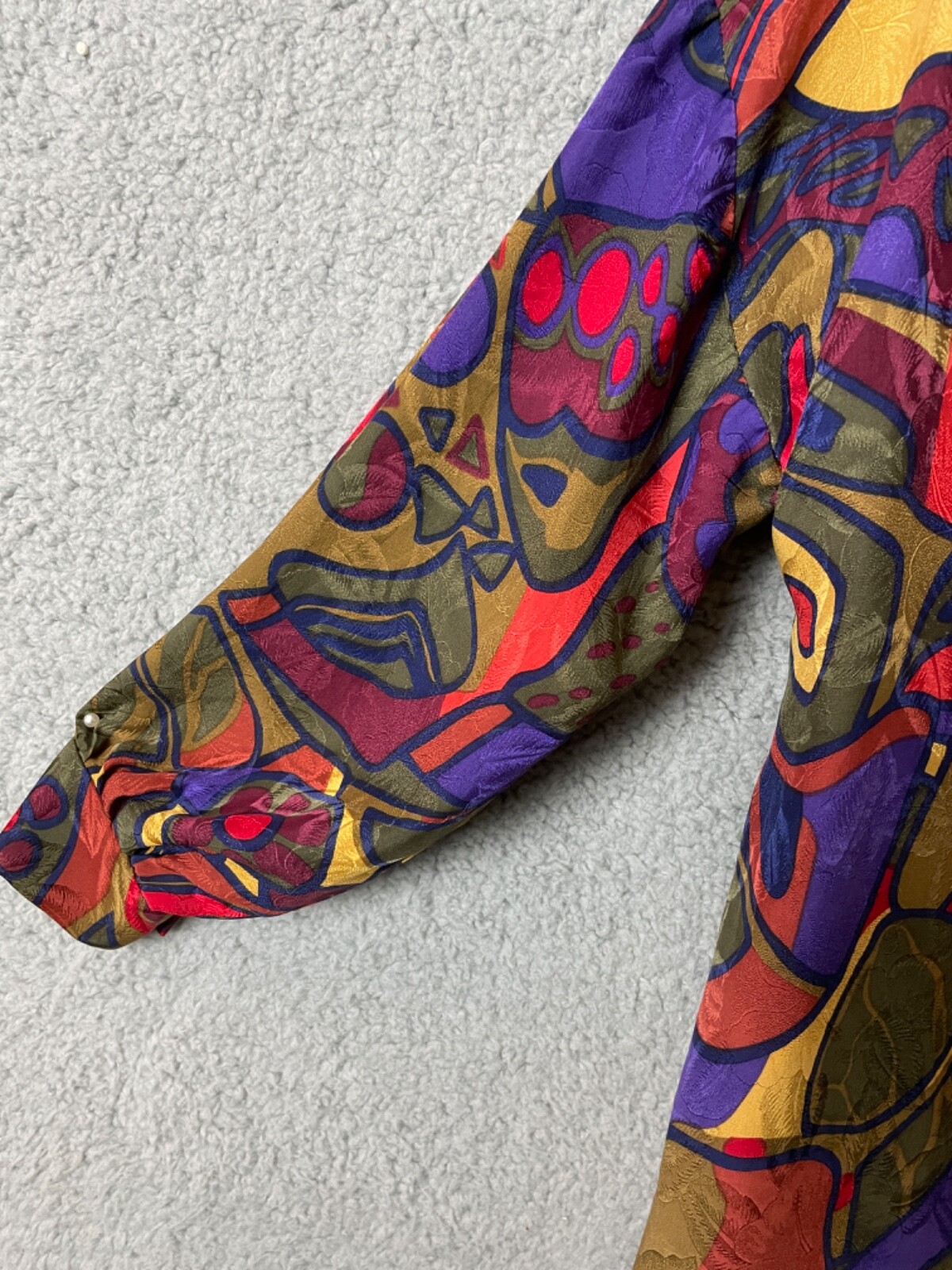 Vintage Carol Mignon Silks Dress 10 Multicolor Abstract Buttons Shift Tie VTG