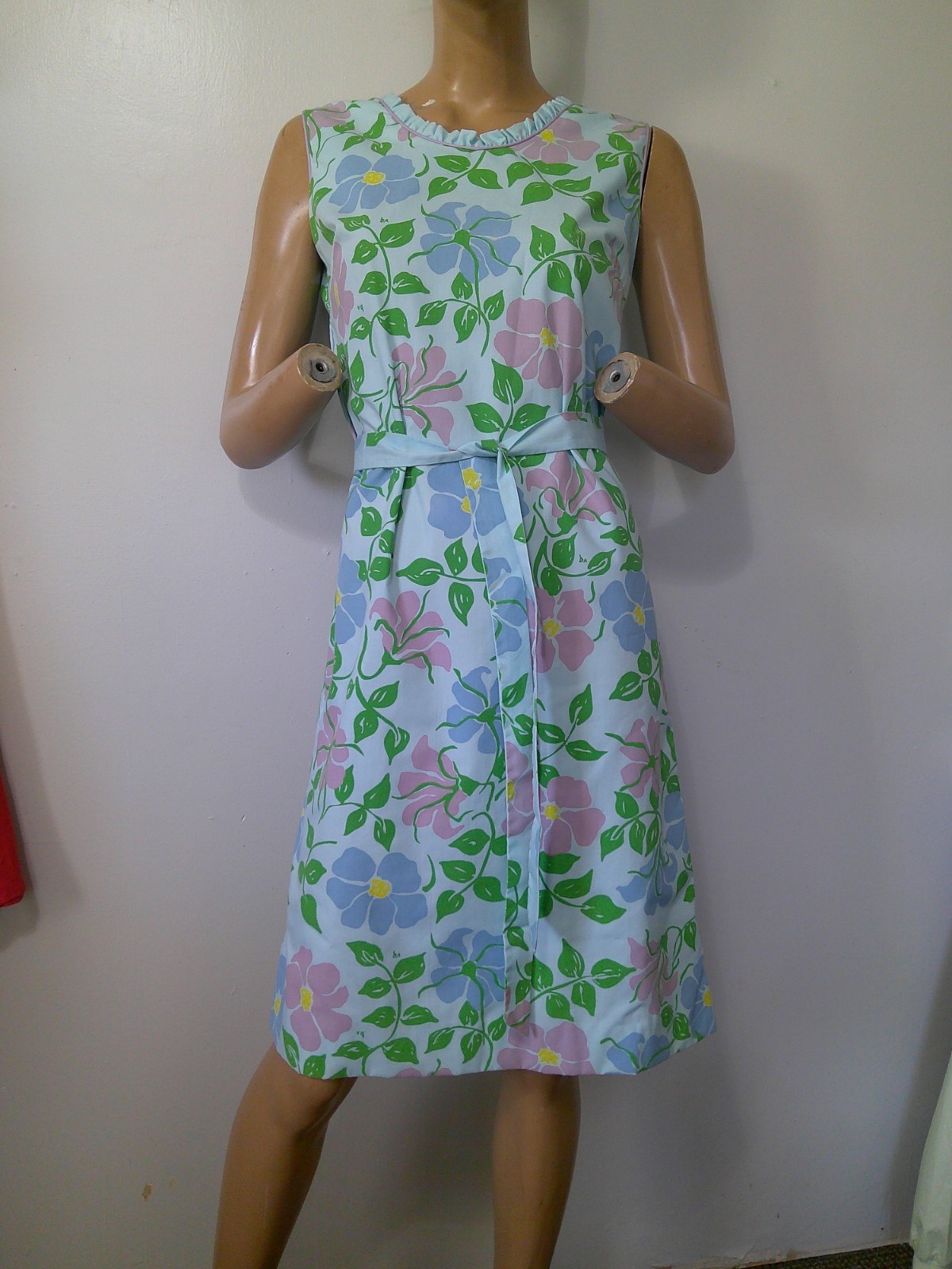 Vtg 60’s VESTED GENTRESS Blue Floral Hand-Screened Print Belted Sheath Dress 6